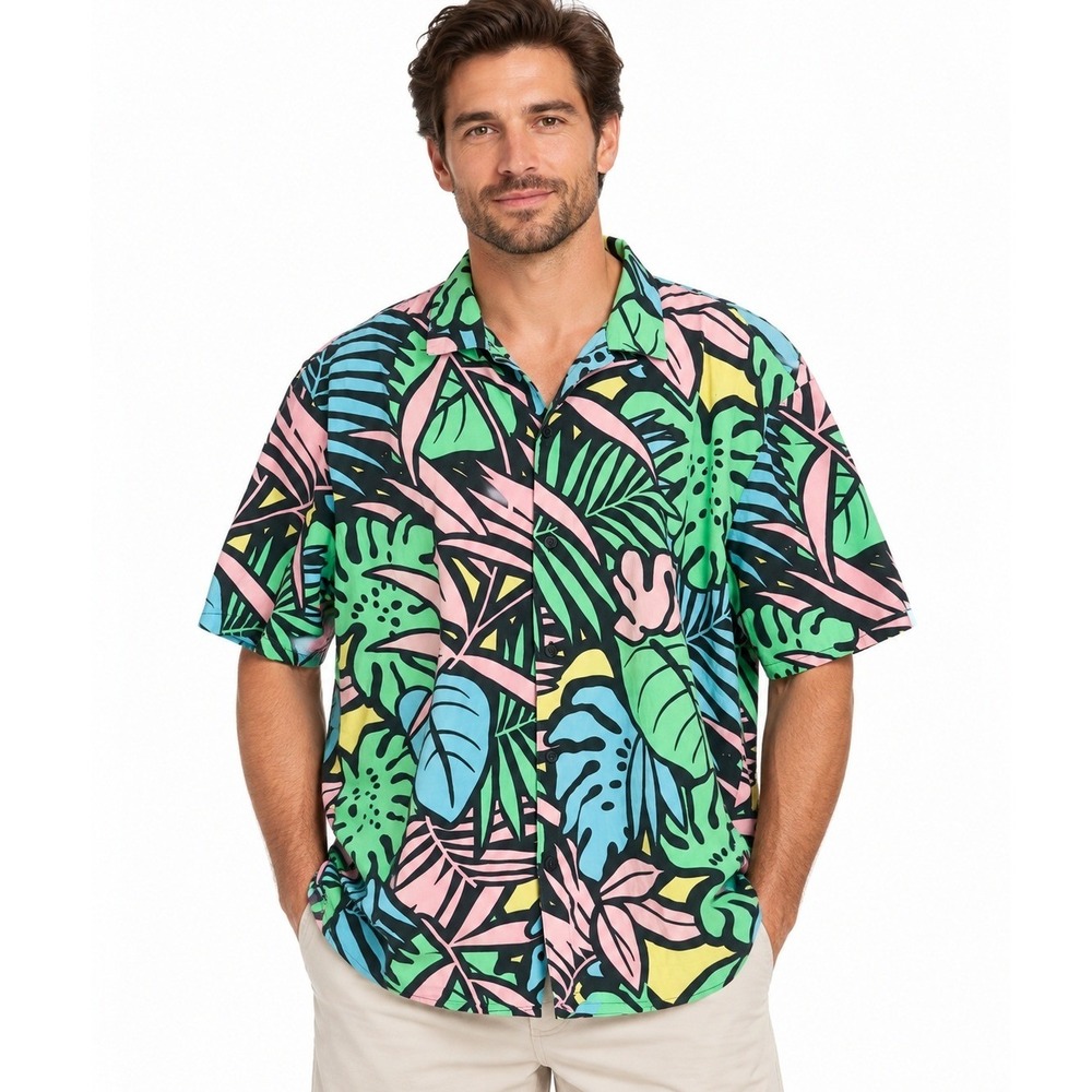 Zara Mens 80s Geometric Tropical Leaf Print Button Down Shirt Short Sleeve | XL